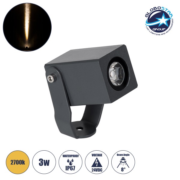GLOBOSTAR® TREELIGHT-TREEMARO 90472 Σποτ Φωτισμού για Φυτά - Δέντρα LED 3W 330lm 8° DC 24V Αδιάβροχο IP67 Θερμό Λευκό 2700K Dimmable - Γκρι Ανθρακί - Μ3.5 x Π6.4 x Υ10cm - 3 Χρόνια Εγγύηση