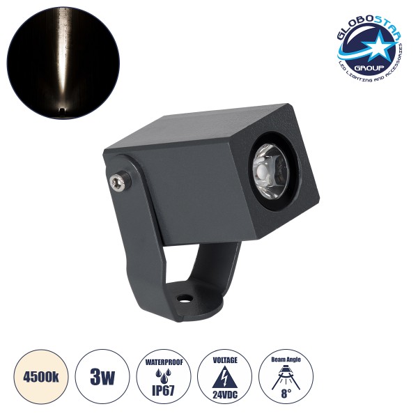 GloboStar® TREELIGHT-TREEMARO 90473 Σποτ Φωτισμού Ειδικό για Φυτά - Δέντρα LED 3W 345lm 8° DC 24V Αδιάβροχο IP67 Μ3.5 x Π6.4 x Υ10cm Φυσικό Λευκό 4500K - Γκρι Ανθρακί - 3 Years Warranty