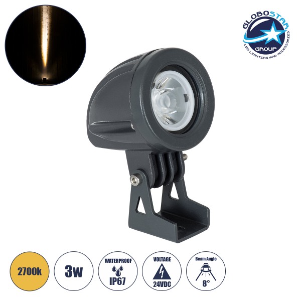 GLOBOSTAR® TREELIGHT-TREEDITA 90474 Σποτ Φωτισμού για Φυτά - Δέντρα LED 3W 330lm 8° DC 24V Αδιάβροχο IP67 Θερμό Λευκό 2700K Dimmable - Γκρι Ανθρακί - Μ5.7 x Π6.5 x Υ9.8cm - 3 Χρόνια Εγγύηση