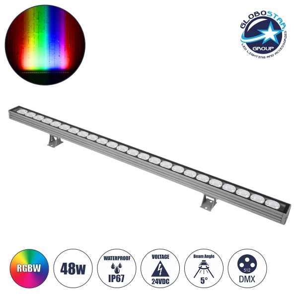 GLOBOSTAR® WASHER-JAVIA 90557 Μπάρα Φωτισμού Wall Washer LED 48W 3840lm 5° DC 24V Αδιάβροχο IP67 RGBW DMX512 Dimmable - Γκρι Ανθρακί - Μ100 x Π5.2 x Υ3.6cm - 3 Χρόνια Εγγύηση