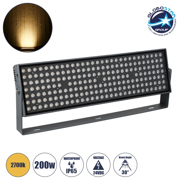 GloboStar® FLOOD-ZANA 90560 Προβολέας Wall Washer για Φωτισμό Κτιρίων LED 200W 18000lm 30° DC 24V Αδιάβροχο IP65 Μ70 x Π29 x Υ10cm Θερμό Λευκό 2700K - Γκρι Ανθρακί - 3 Years Warranty