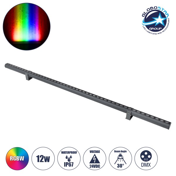GLOBOSTAR® WASHER-STELLAR 90577 Μπάρα Φωτισμού Wall Washer LED 12W 1020lm 30° DC 24V Αδιάβροχο IP67 Πολύχρωμο RGBW Dimmable DMX512 - Γκρι Ανθρακί - Μ100 x Π3.2 x Υ3cm - 3 Χρόνια Εγγύηση