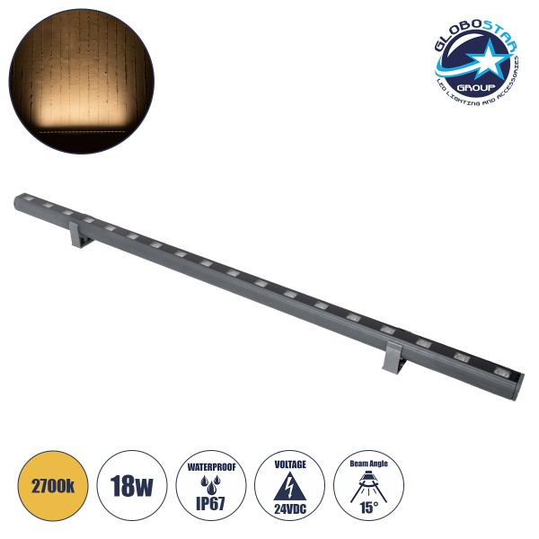 GLOBOSTAR® WASHER-PANDA 90579 Μπάρα Φωτισμού Wall Washer LED 18W 1620lm 15° DC 24V Αδιάβροχο IP65 Θερμό Λευκό 2700K Dimmable - Γκρι Ανθρακί - Μ100 x Π4 x Υ3.5cm - 3 Χρόνια Εγγύηση
