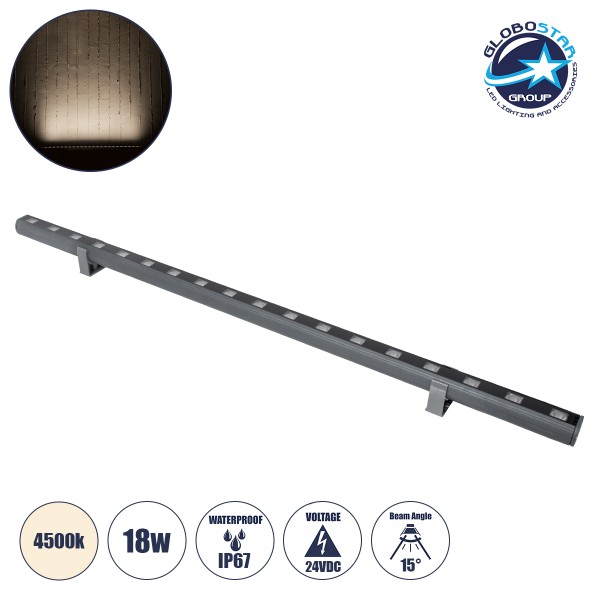 GLOBOSTAR® WASHER-PANDA 90580 Μπάρα Φωτισμού Wall Washer LED 18W 1710lm 15° DC 24V Αδιάβροχο IP67 Φυσικό Λευκό 4500K Dimmable - Γκρι Ανθρακί - Μ100 x Π4 x Υ3.5cm - 3 Χρόνια Εγγύηση