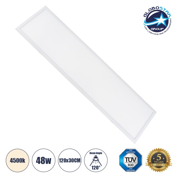 GloboStar® 60213 Χωνευτό LED Panel Milky Super Slim 120x30cm 48W 4560lm 120° CRI≥80Ra UGR<19 AC 220-240V IP20 Μ120 x Π30 x Υ1.5cm - Φυσικό Λευκό 4500K - TÜV Certified Driver - 5 Years Warranty