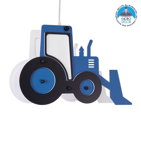 GLOBOSTAR® TRACTOR 61580 Παιδικό Κρεμαστό Φωτιστικό Οροφής με Ντουί 1 x E27 AC 220-240V IP20 - Μπλε, Μαύρο & Λευκό - Μ40 x Π15.5 x Υ26.5cm