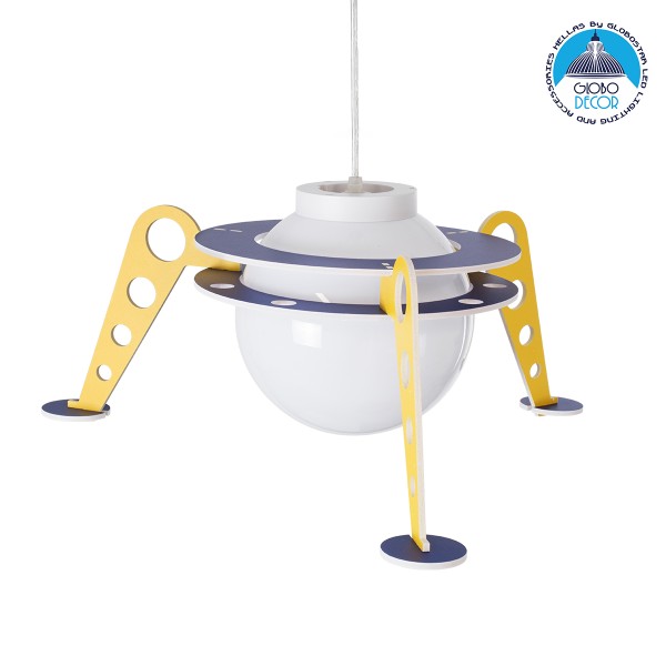 GloboStar® UFO 61581 Παιδικό Κρεμαστό Φωτιστικό Φιγούρα Μονόφωτο 1 x E27 IP20 Κίτρινο, Μπλε & Λευκό Πλαστικό - Μ58 x Π58 x Υ24cm