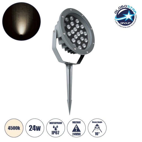GloboStar® TREELIGHT-RIVA 90365 Σποτ Φωτισμού Ειδικό για Φυτά - Δέντρα με Βάση Κήπου / Καρφωτό LED 24W 2280lm 10° DC 24V Αδιάβροχο IP67 Φ20.5 x Υ6.5cm Φυσικό Λευκό 4500K - Γκρι Ανθρακί - 3 Years Warranty