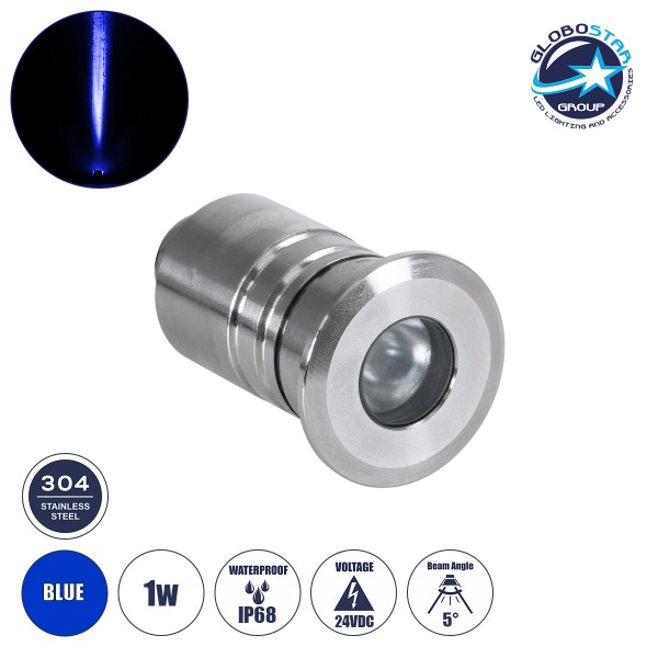 GLOBOSTAR® UNDERWATER-DANI 90413 Υποβρύχιο Χωνευτό Σποτ για Σιντριβάνια/Πισίνες LED 1W 80lm 5° DC 24V Αδιάβροχο IP68 Μπλε Dimmable - Ανοξείδωτο Ατσάλι 304 - Φ3 x Υ5cm - Q2.4cm - 3 Χρόνια Εγγύηση