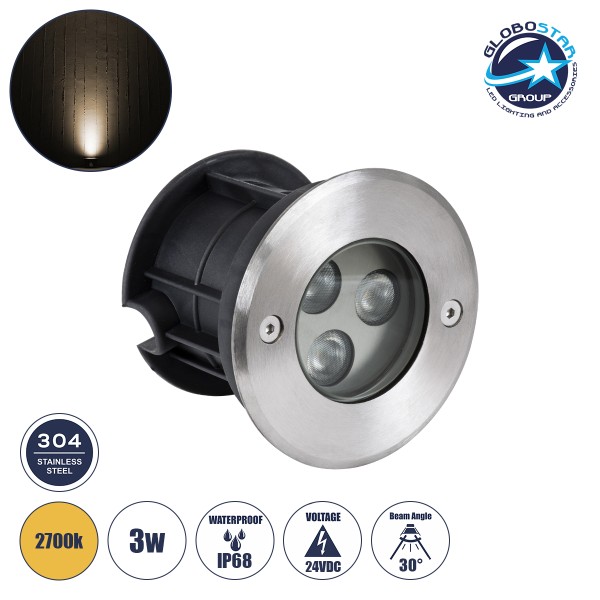 GLOBOSTAR® UNDERWATER-HUNI 90414 Υποβρύχιο Χωνευτό Σποτ για Σιντριβάνια/Πισίνες LED 3W 270lm 30° DC 24V Αδιάβροχο IP68 Θερμό Λευκό 2700K Dimmable - Ανοξείδωτο Ατσάλι 304 - Φ10 x Υ7.5cm - Q9.5 - 3 Χρόνια Εγγύηση