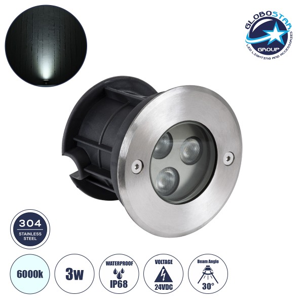 GLOBOSTAR® UNDERWATER-HUNI 90415 Υποβρύχιο Χωνευτό Σποτ για Σιντριβάνια/Πισίνες LED 3W 300lm 30° DC 24V Αδιάβροχο IP68 Ψυχρό Λευκό 6000K Dimmable - Ανοξείδωτο Ατσάλι 304 - Φ10 x Υ7.5cm - Q9.5 - 3 Χρόνια Εγγύηση