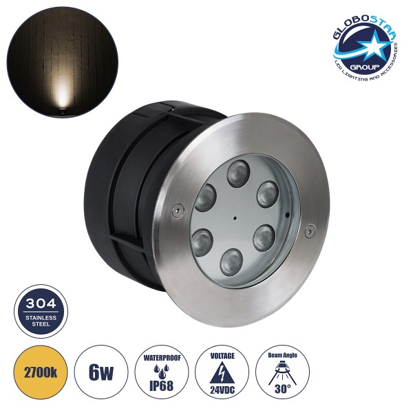 GLOBOSTAR® UNDERWATER-YUNI 90417 Υποβρύχιο Χωνευτό Σποτ για Σιντριβάνια/Πισίνες LED 6W 540lm 30° DC 24V Αδιάβροχο IP68 Θερμό Λευκό 2700K Dimmable - Ανοξείδωτο Ατσάλι 304 - Μ15 x Π15 x Υ10cm / Q14cm - 3 Χρόνια Εγγύηση