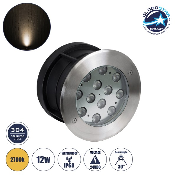 GLOBOSTAR® UNDERWATER-TUNI 90420 Υποβρύχιο Χωνευτό Σποτ για Σιντριβάνια/Πισίνες LED 12W 1080lm 30° DC 24V Αδιάβροχο IP68 Θερμό Λευκό 2700K Dimmable - Ανοξείδωτο Ατσάλι 304 - Φ18 x Υ11cm - Q17.5 - 3 Χρόνια Εγγύηση