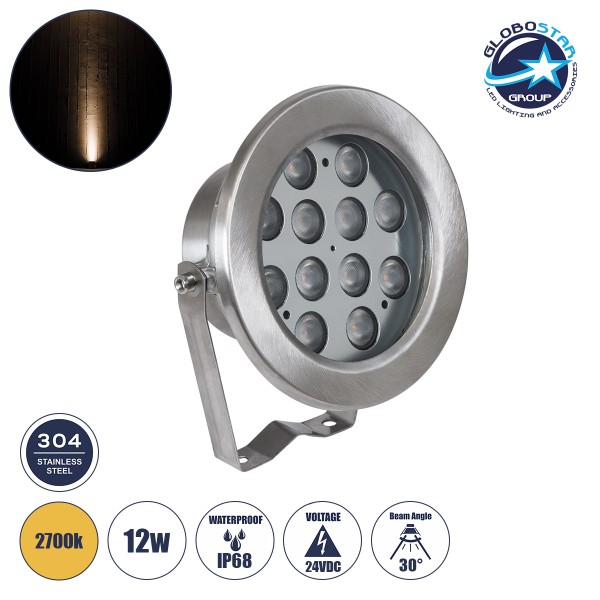 GLOBOSTAR® UNDERWATERJERRY 90423 Υποβρύχιο Επιφανειακό Σποτ για Σιντριβάνια/Πισίνες LED 12W 1080lm 30° DC 24V Αδιάβροχο IP68 Θερμό Λευκό 2700K Dimmable - Bridgelux SMD Chip - Ανοξείδωτο Ατσάλι 304 - Μ14.5 x Π7 x Υ19cm - 3 Χρόνια Εγγύηση