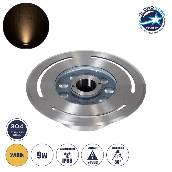 GloboStar® UNDERWATER-DENIS 90432 Υποβρύχιο Χωνευτό Φωτιστικό Σποτ Ειδικό για Σιντριβάνια - Πισίνες - Τζακούζι LED 9W 810lm 30° DC 24V Αδιάβροχο IP68 Φ21 x Υ7.5cm Θερμό Λευκό 2700K - Ανοξείδωτο Ατσάλι SS304 - 3 Years Warranty