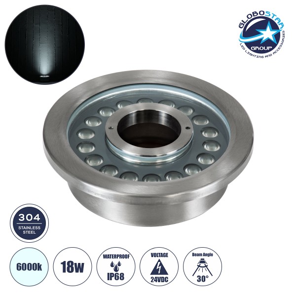 GloboStar® UNDERWATER-DENIS 90442 Υποβρύχιο Χωνευτό Φωτιστικό Σποτ Ειδικό για Σιντριβάνια - Πισίνες - Τζακούζι LED 18W 1800lm 30° DC 24V Αδιάβροχο IP68 Φ21.5 x Υ8cm Ψυχρό Λευκό 6000K - Ανοξείδωτο Ατσάλι SS304 - 3 Years Warranty