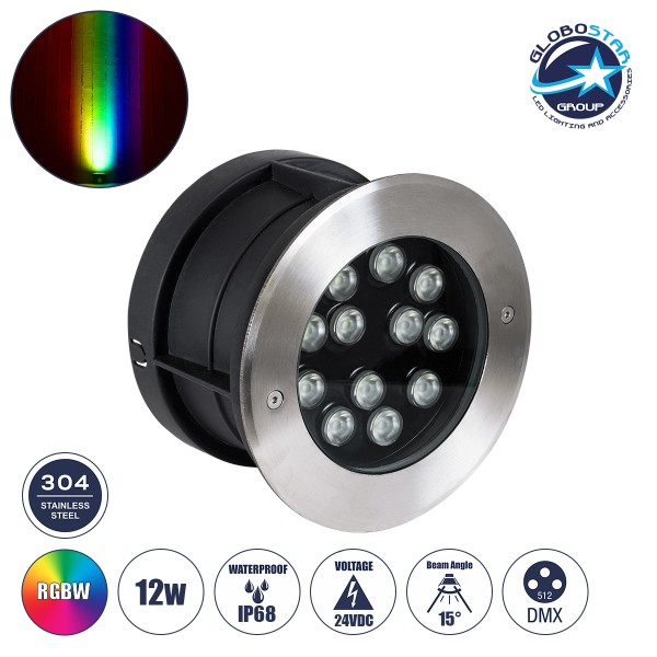 GloboStar® UNDERWATER-JULIA 90570 Υποβρύχιο Χωνευτό Φωτιστικό Σποτ Ειδικό για Σιντριβάνια LED 12W 1020lm 15° DC 24V Αδιάβροχο IP68 Φ18 x Υ11.2cm RGBW DMX512 - Ανοξείδωτο Ατσάλι - 3 Years Warranty