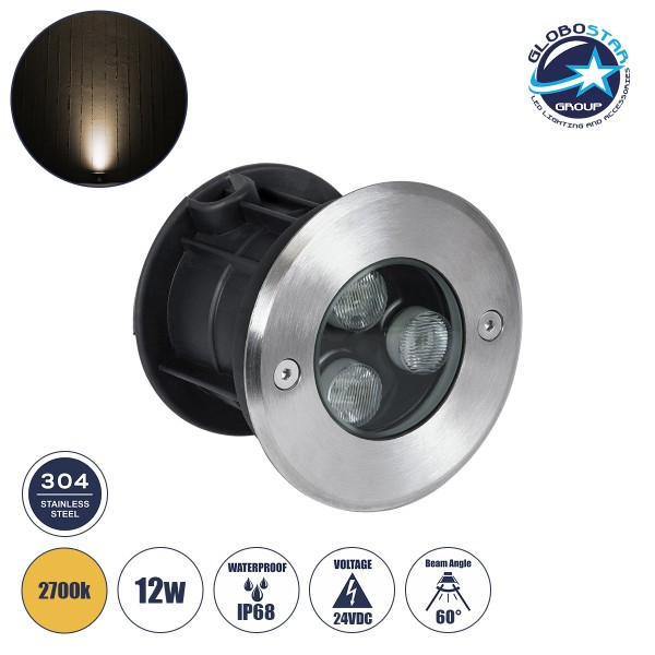 GloboStar® UNDERGROUND-FANI S-90979 Χωνευτό Φωτιστικό Σποτ Δαπέδου LED 12W 1080lm 60° DC 24V Αδιάβροχο IP68 Φ10 x Υ7.5cm Θερμό Λευκό 2700K - Ανοξείδωτο Ατσάλι