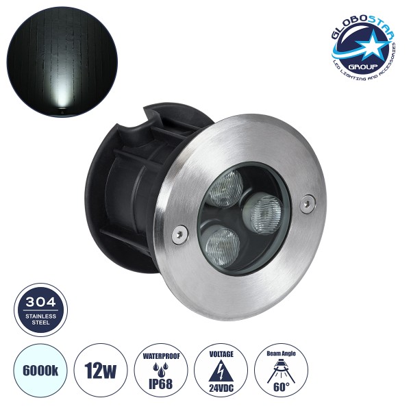 GloboStar® UNDERGROUND-FANI S-90980 Χωνευτό Φωτιστικό Σποτ Δαπέδου LED 12W 1200lm 60° DC 24V Αδιάβροχο IP68 Φ10 x Υ7.5cm Ψυχρό Λευκό 6000K - Ανοξείδωτο Ατσάλι