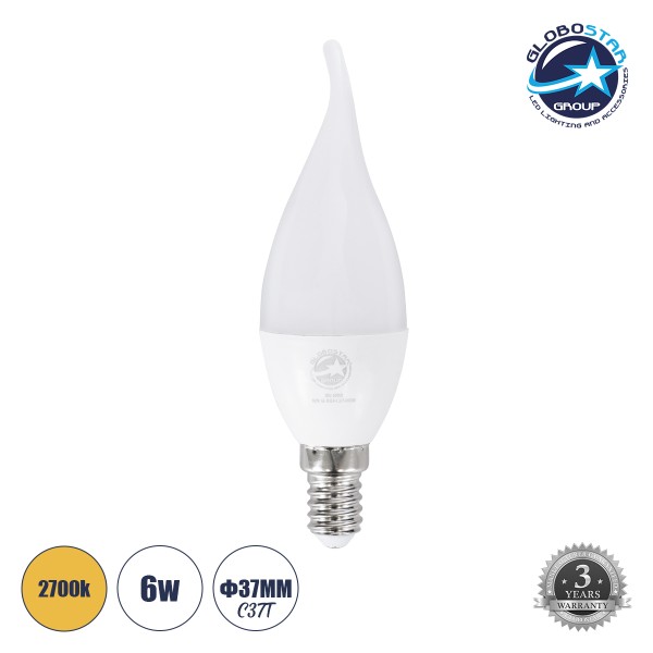 GloboStar® 60008 Λάμπα LED E14 C37T Κεράκι 6W 564lm 260° AC 220-240V IP20 Φ3.7 x Υ12.5cm Θερμό Λευκό 2700K - 3 Years Warranty
