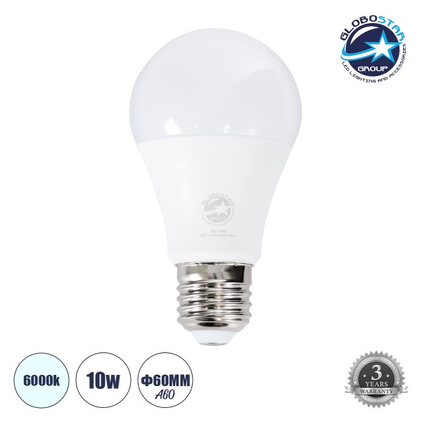 GloboStar® 60045 Λάμπα LED E27 A60 Γλόμπος 10W 1000lm 260° AC 220-240V IP20 Φ6 x Υ11cm Ψυχρό Λευκό 6000K Dimmable - 3 Years Warranty