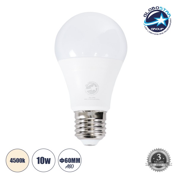 GloboStar® 60046 Λάμπα LED E27 A60 Γλόμπος 10W 970lm 260° AC 220-240V IP20 Φ6 x Υ11cm Φυσικό Λευκό 4500K Dimmable - 3 Years Warranty