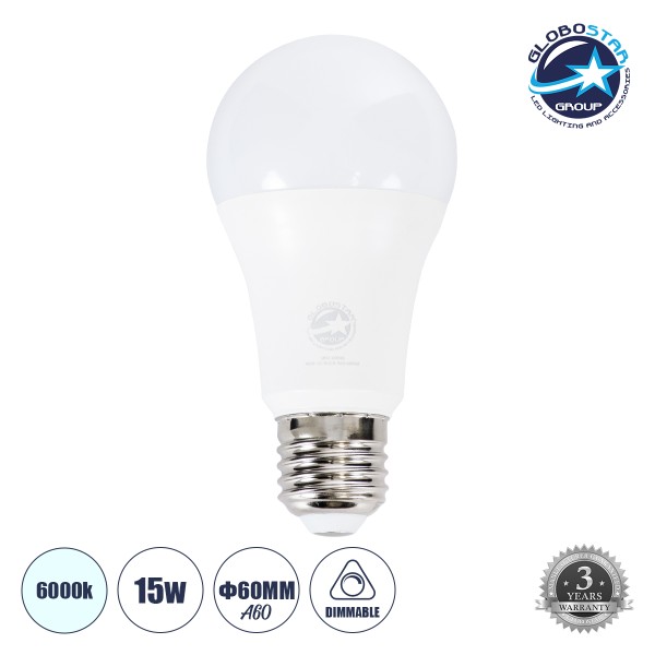 GloboStar® 60048 Λάμπα LED E27 A60 Γλόμπος 15W 1500lm 260° AC 220-240V IP20 Φ6 x Υ11.9cm Ψυχρό Λευκό 6000K Dimmable - 3 Years Warranty