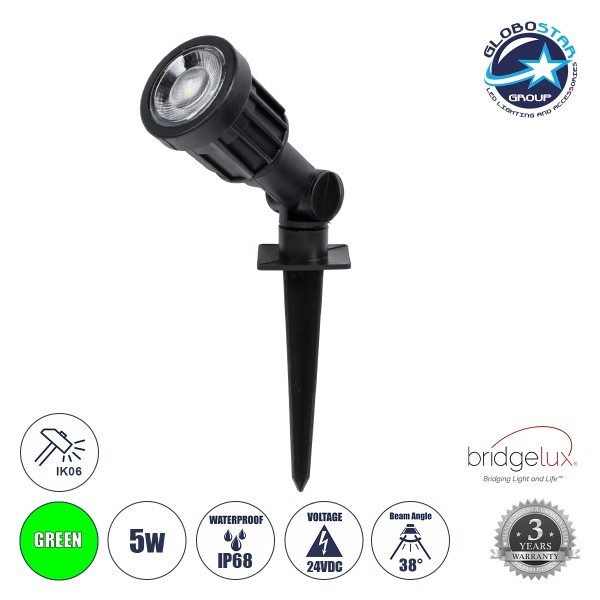GloboStar® GARDENINI 61544 Καρφωτό Φωτιστικό Σποτ Κήπου LED 5W 550lm 38° DC 24V IP68 Υψηλής Αντοχής ABS IK06 Φ5.5 x Υ13.5cm - Πράσινο 550nm Dimmable - Μαύρο - Bridgelux Chip - 3 Years Warranty