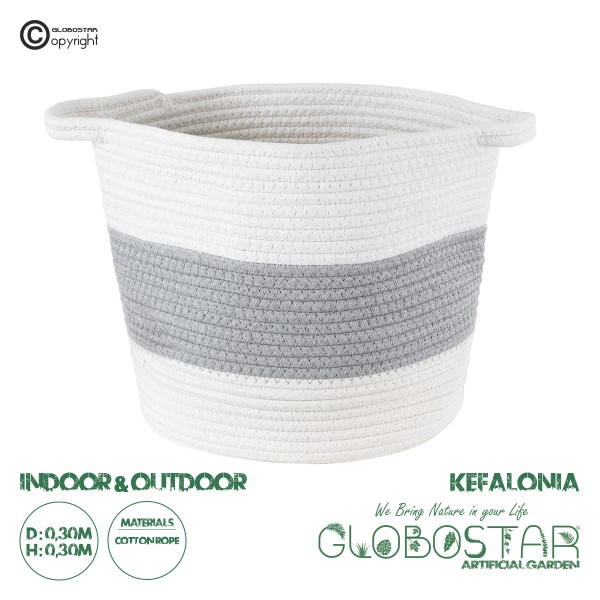 GloboStar® Artificial Garden KEFALONIA 20320 Διακοσμητικό Πλεκτό Καλάθι - Κασπώ Γλάστρα - Flower Pot Γκρι με Λευκό Φ30cm x Υ30cm