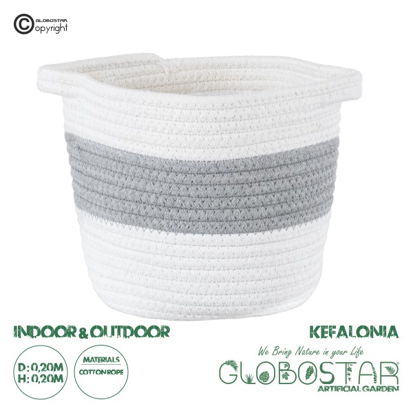 GloboStar® Artificial Garden KEFALONIA 20321 Διακοσμητικό Πλεκτό Καλάθι - Κασπώ Γλάστρα - Flower Pot Γκρι με Λευκό Φ20cm x Υ20cm