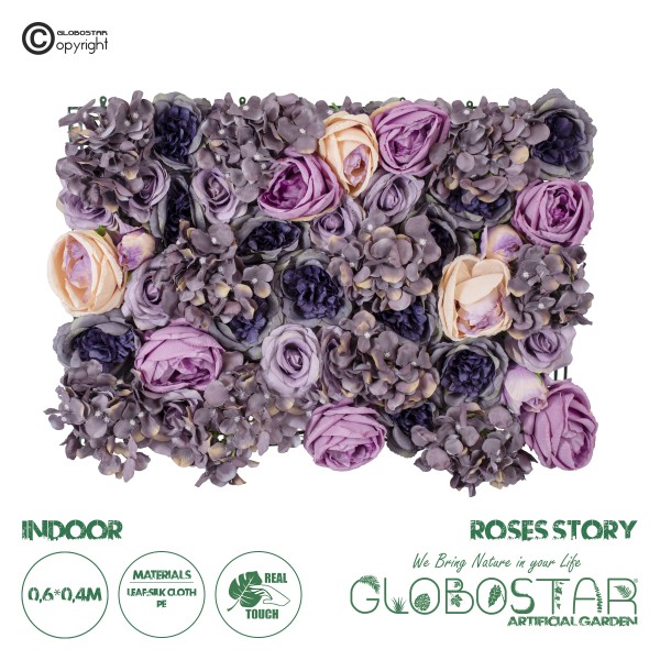 GloboStar® Artificial Garden ROSES STORY 20352 Τεχνητό Διακοσμητικό Πάνελ Λουλουδιών - Κάθετος Κήπος σύνθεση Μωβ & Ροζ Τριαντάφυλλα Μ40 x Π60 x Υ8cm 