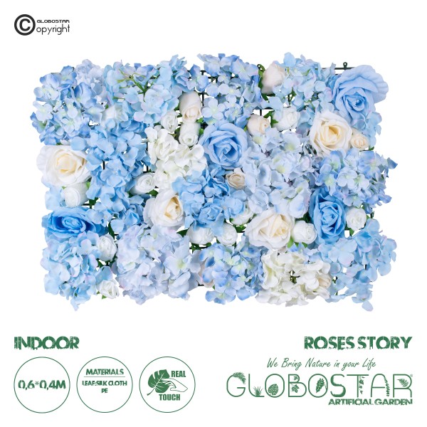 GloboStar® Artificial Garden ROSES STORY 20353 Τεχνητό Διακοσμητικό Πάνελ Λουλουδιών - Κάθετος Κήπος σύνθεση Μπλε & Μπεζ Τριαντάφυλλα Μ40 x Π60 x Υ10cm 