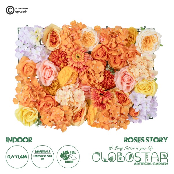 GloboStar® Artificial Garden ROSES STORY 20354 Τεχνητό Διακοσμητικό Πάνελ Λουλουδιών - Κάθετος Κήπος σύνθεση Πορτοκαλί & Ροζ Τριαντάφυλλα Μ40 x Π60 x Υ12cm 