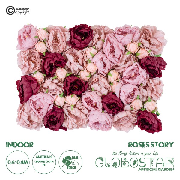 GloboStar® Artificial Garden ROSES STORY 20355 Τεχνητό Διακοσμητικό Πάνελ Λουλουδιών - Κάθετος Κήπος σύνθεση Ροζ & Βυσσινί Τριαντάφυλλα Μ40 x Π60 x Υ8cm 