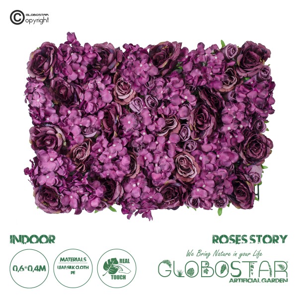 GloboStar® Artificial Garden ROSES STORY 20356 Τεχνητό Διακοσμητικό Πάνελ Λουλουδιών - Κάθετος Κήπος σύνθεση Φουξ & Βυσσινί Τριαντάφυλλα Μ40 x Π60 x Υ10cm 