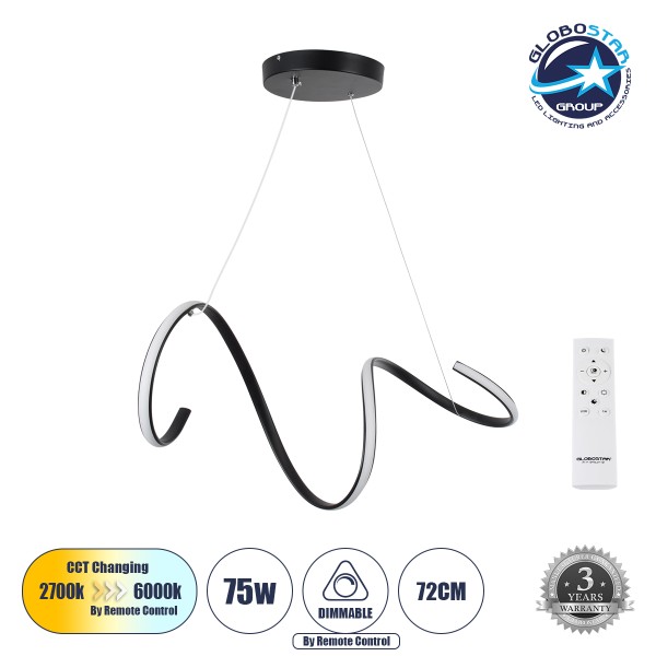 GloboStar® SPIRALE 61283 Κρεμαστό Φωτιστικό Οροφής Design LED CCT 75W 8400lm 300° AC 220-240V - Εναλλαγή Φωτισμού μέσω Τηλεχειριστηρίου All In One Ψυχρό 6000k+Φυσικό 4500k+Θερμό 2700k Dimmable Μ72 x Π25 x Υ30cm - Μαύρο - 3 Years Warranty