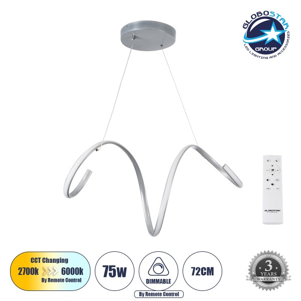 GloboStar® SPIRALE 61285 Κρεμαστό Φωτιστικό Οροφής Design LED CCT 75W 8400lm 300° AC 220-240V - Εναλλαγή Φωτισμού μέσω Τηλεχειριστηρίου All In One Ψυχρό 6000k+Φυσικό 4500k+Θερμό 2700k Dimmable Μ72 x Π25 x Υ30cm - Νίκελ Βούρτσας - 3 Years Warranty