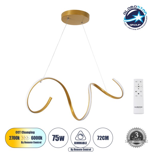 GloboStar® SPIRALE 61286 Κρεμαστό Φωτιστικό Οροφής Design LED CCT 75W 8400lm 300° AC 220-240V - Εναλλαγή Φωτισμού μέσω Τηλεχειριστηρίου All In One Ψυχρό 6000k+Φυσικό 4500k+Θερμό 2700k Dimmable Μ72 x Π25 x Υ30cm - Χρυσό Βούρτσας - 3 Years Warranty