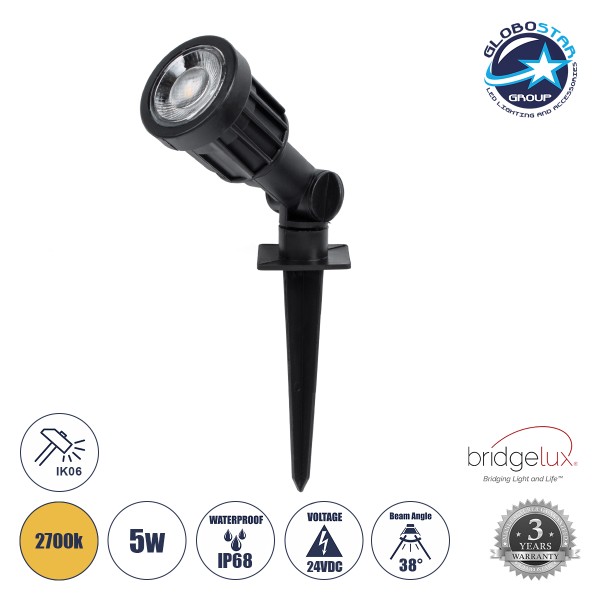 GloboStar® GARDENINI 61543 Καρφωτό Φωτιστικό Σποτ Κήπου LED 5W 650lm 38° DC 24V IP68 Υψηλής Αντοχής ABS IK06 Φ5.5 x Υ13.5cm - Θερμό Λευκό 2700K Dimmable - Μαύρο - Bridgelux Chip - 3 Years Warranty