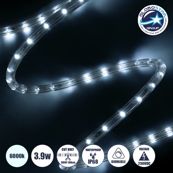GloboStar® 70600 Φωτοσωλήνας LED DIODE 1m 3.9W/m 36LED/m 195lm/m 360° DC 230V Αδιάβροχος IP68 Ψυχρό Λευκό 6000K Dimmable