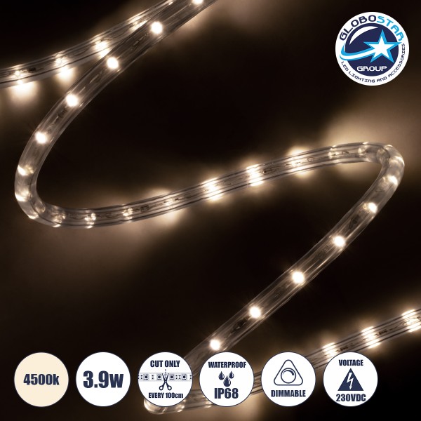 GloboStar® 70601 Φωτοσωλήνας LED DIODE 1m 3.9W/m 36LED/m 176lm/m 360° DC 230V Αδιάβροχος IP68 Φυσικό Λευκό 4500K Dimmable