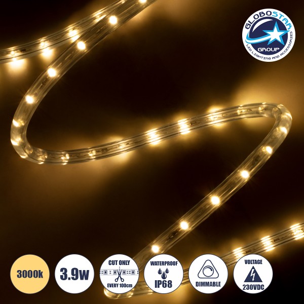 GloboStar® 70602 Φωτοσωλήνας LED DIODE 1m 3.9W/m 36LED/m 156lm/m 360° DC 230V Αδιάβροχος IP68 Θερμό Λευκό 3000K Dimmable