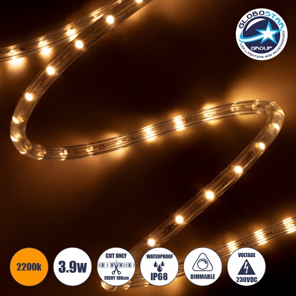 GloboStar® 70603 Φωτοσωλήνας LED DIODE 1m 3.9W/m 36LED/m 137lm/m 360° DC 230V Αδιάβροχος IP68 Ultra Θερμό Λευκό 2200K Dimmable