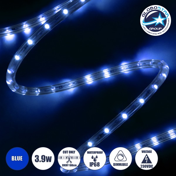 GloboStar® 70606 Φωτοσωλήνας LED DIODE 1m 3.9W/m 36LED/m 117lm/m 360° DC 230V Αδιάβροχος IP68 Μπλε Dimmable