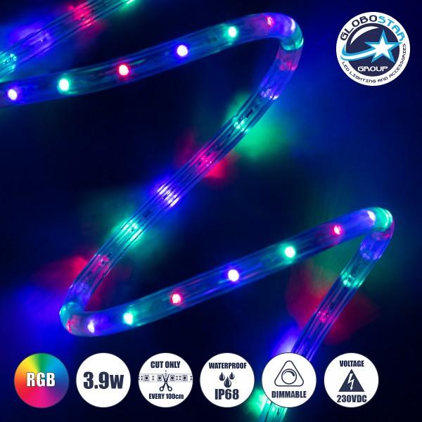 GloboStar® 70607 Φωτοσωλήνας LED DIODE 1m 3.9W/m 36LED/m 117lm/m 360° DC 230V Αδιάβροχος IP68 Πολύχρωμος RGB Dimmable