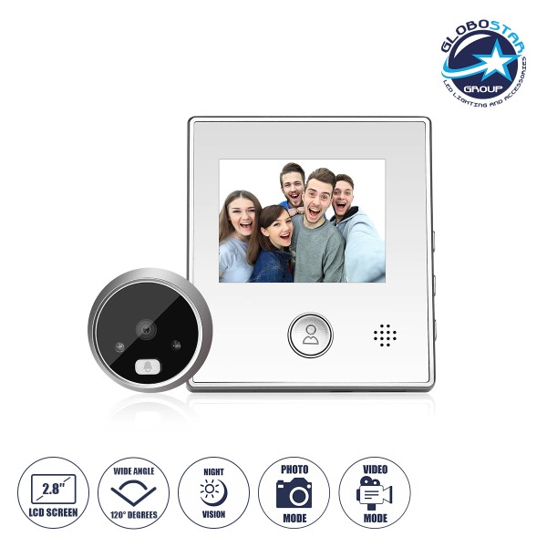 GloboStar® 86062 Ψηφιακή Έξυπνη Camera Εξώπορτας 120° Μοιρών με Έγχρωμη Οθόνη 2.8" Inches - Νυχτερινή Όραση με LED IR - Κουδούνι - Λειτουργεί με 4 Μπαταρίες AAA