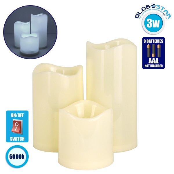GloboStar® S-79551 ΣΕΤ 3 Διακοσμητικών Realistic Κεριών με LED - Μπαταρίας Ψυχρό Λευκό 6000K 