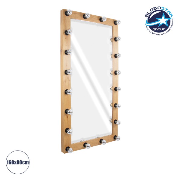 GloboStar® MAKEUP MIRROR-160x80-1 Μοντέρνος Καθρέπτης Μακιγιάζ με Πλαίσιο Φυσικού Ξύλου με Διακόπτη On/Off 20 x E27 AC220-240V - Μ80 x Π7 x Υ160cm - Μπεζ Δρυς