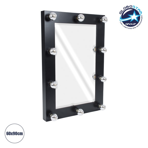 GloboStar® MAKEUP MIRROR-60x90-5 Μοντέρνος Καθρέπτης Μακιγιάζ με Πλαίσιο Φυσικού Ξύλου με Διακόπτη On/Off 10 x E27 AC220-240V - Μ60 x Π7 x Υ90cm - Μαύρος Έβενος