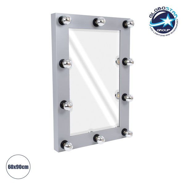 GloboStar® MAKEUP MIRROR-60x90-3 Μοντέρνος Καθρέπτης Μακιγιάζ με Πλαίσιο Φυσικού Ξύλου με Διακόπτη On/Off 10 x E27 AC220-240V - Μ60 x Π7 x Υ90cm - Γκρι Τσιμέντου